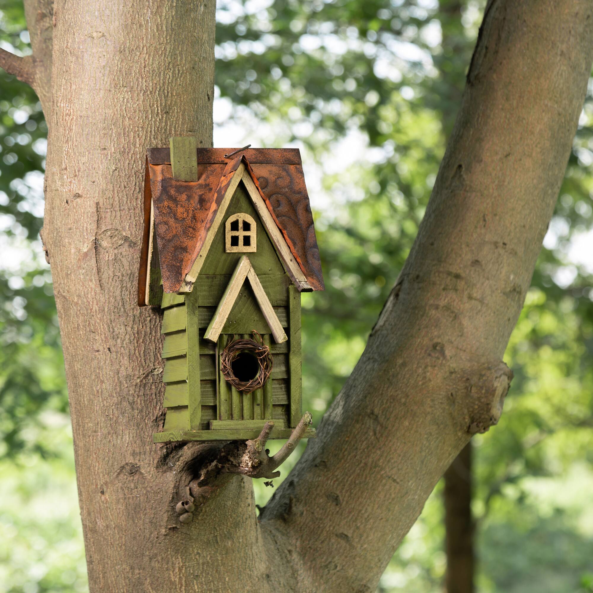 Glitzhome® Tall Distressed Green Wood Bird House